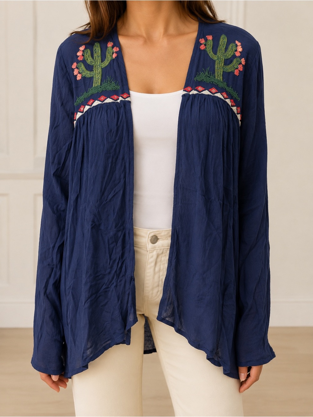 Roper Navy Open-Front Tunic with Cactus Embroidery high and low length